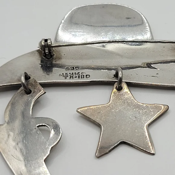 Vintage 925 Sterling Silver Taxco Mexico Large Western Cowboy Hat Pin Brooch - Picture 12 of 12